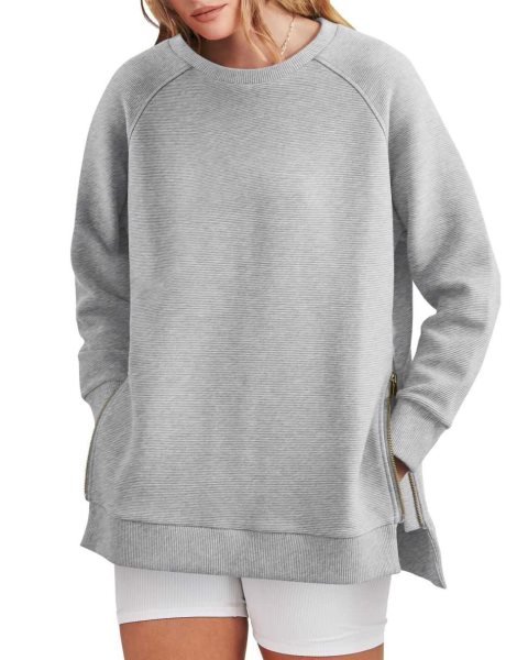 Women's Sweatshirts Long Sleeve Tunic Tops Crew Neck Soft Pullover With Side Zipper Shirt Clothes 2023