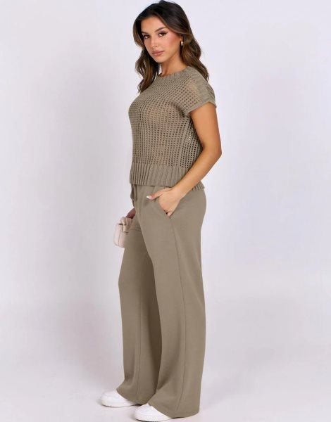 Women Two Piece Outfits Crochet Sheer Knit Sweater Top Wide Leg Pants Lounge Matching Sets Sweatsuit Travel Clothes