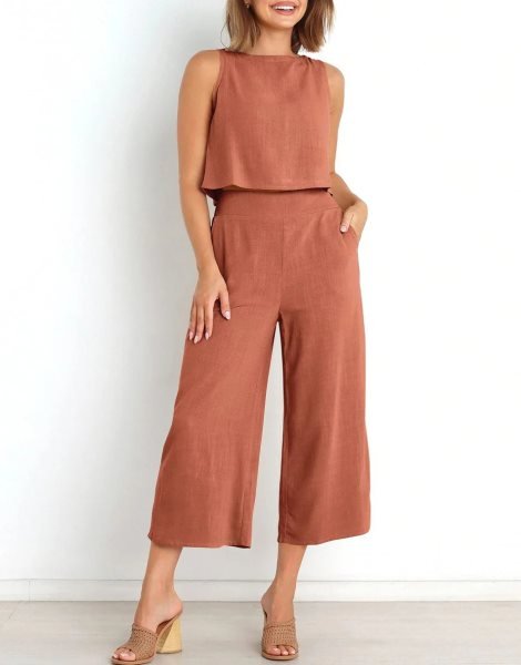 Sleeveless Tank Crop Button Back Top Cropped Pants Set With Pockets