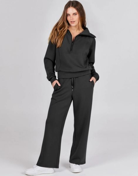 Women 2 Piece Outfits Sweatsuit Set 2023 Fall Oversized Half Zip Sweatshirt Wide Leg Sweatpant Lounge Set Tracksuit