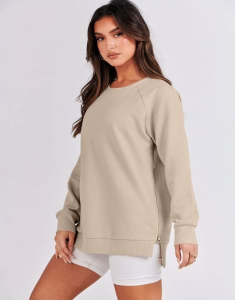 Women's Sweatshirts Long Sleeve Tunic Tops Crew Neck Soft Pullover With Side Zipper Shirt Clothes 2023