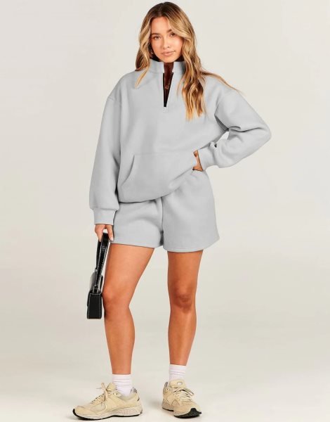 Sweatsuit Oversized Half Zip Collared Sweatshirt & Short Lounge Wear Tacksuit Set