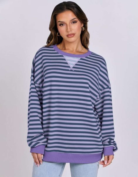 Women Striped Oversized Sweatshirt Long Sleeve Crewneck Shirts 2024 Fall Fashion Pullover Sweater Trendy Clothes
