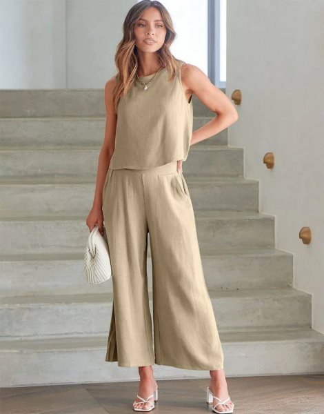 Sleeveless Tank Crop Button Back Top Cropped Pants Set With Pockets