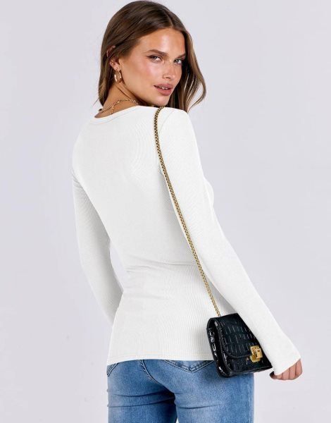 Women Long Sleeve Crewneck Rib Knit Slim Fit Shirts Basic Tee Tops 2024 Casual T-Shirt Going Out Workout Outfits