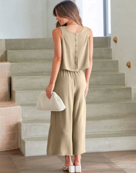 Sleeveless Tank Crop Button Back Top Cropped Pants Set With Pockets