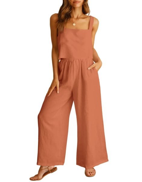 2 Piece Outfits Square Neck Sleeveless Tank Crop Top & Wide Leg Pants Lounge Set