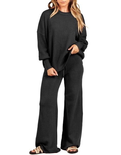 Women 2 Piece Outfits Sweatsuit Oversized Sweater Set & Wide Leg Pants Fall Chunky Lounge Set
