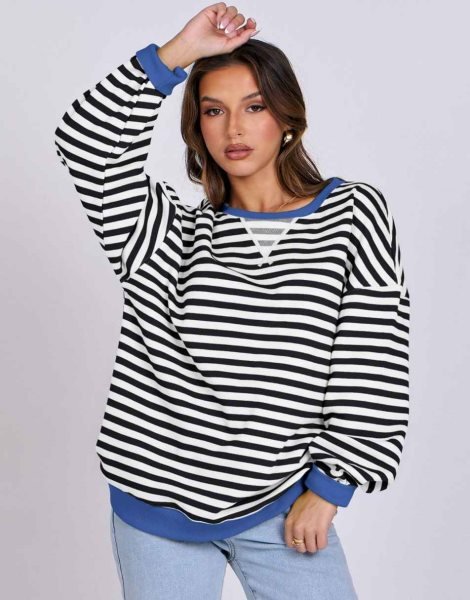 Women Striped Oversized Sweatshirt Long Sleeve Crewneck Shirts 2024 Fall Fashion Pullover Sweater Trendy Clothes