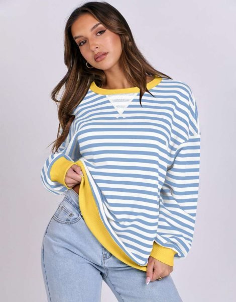 Women Striped Oversized Sweatshirt Long Sleeve Crewneck Shirts 2024 Fall Fashion Pullover Sweater Trendy Clothes