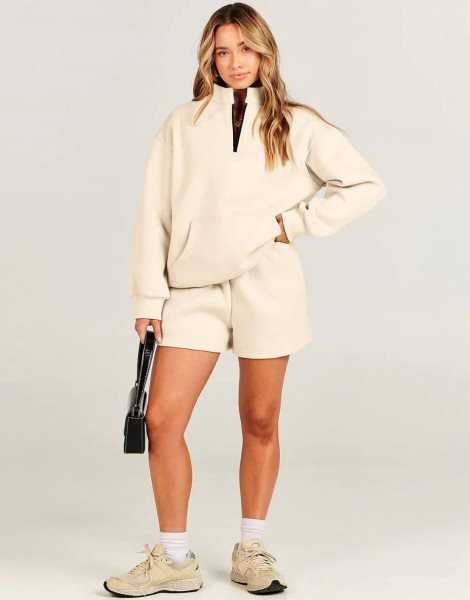 Sweatsuit Oversized Half Zip Collared Sweatshirt & Short Lounge Wear Tacksuit Set