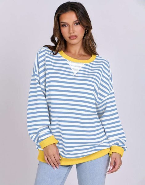 Women Striped Oversized Sweatshirt Long Sleeve Crewneck Shirts 2024 Fall Fashion Pullover Sweater Trendy Clothes