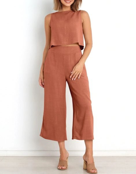 Sleeveless Tank Crop Button Back Top Cropped Pants Set With Pockets