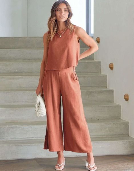 Sleeveless Tank Crop Button Back Top Cropped Pants Set With Pockets