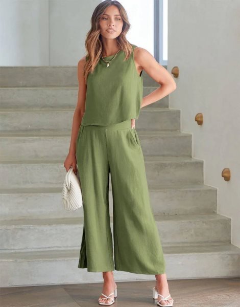 Sleeveless Tank Crop Button Back Top Cropped Pants Set With Pockets