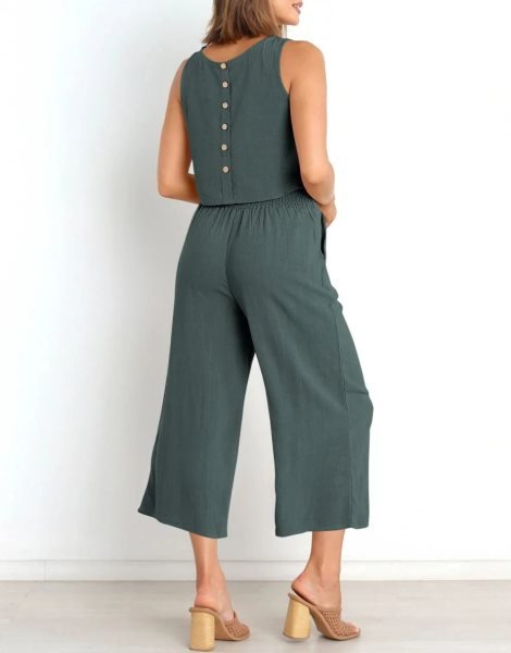 Sleeveless Tank Crop Button Back Top Cropped Pants Set With Pockets