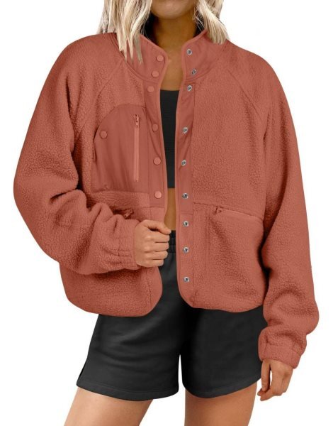 Womens Fleece Jacket Button Down Shacket Casual Sherpa Cropped Coats Warm Outwear with Pockets