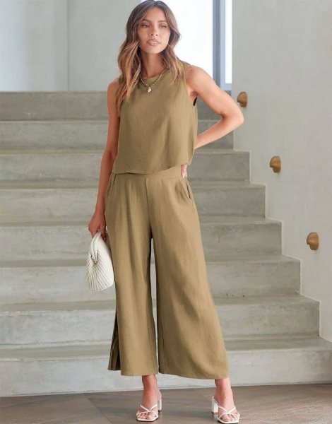 Sleeveless Tank Crop Button Back Top Cropped Pants Set With Pockets
