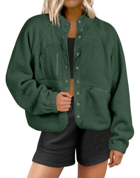 Womens Fleece Jacket Button Down Shacket Casual Sherpa Cropped Coats Warm Outwear with Pockets