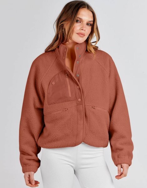 Womens Fleece Jacket Button Down Shacket Casual Sherpa Cropped Coats Warm Outwear with Pockets