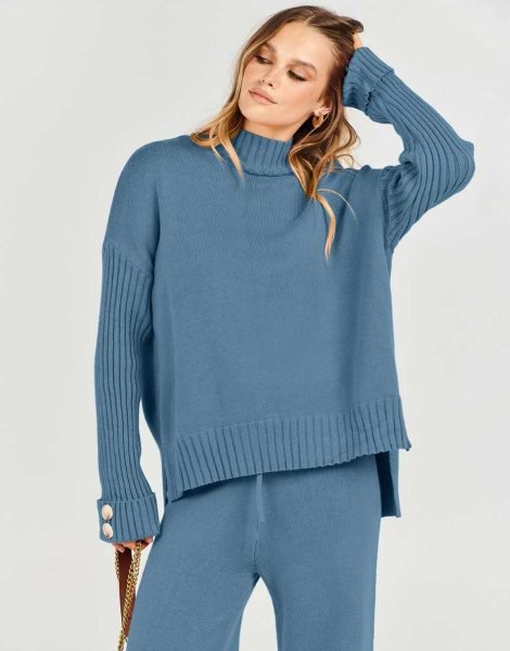 Women's Two Piece Outfits Sweater Sets Long Sleeve Knit Pullover and Wide Leg Pants Lounge Sets