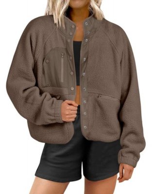 Womens Fleece Jacket Button Down Shacket Casual Sherpa Cropped Coats Warm Outwear with Pockets