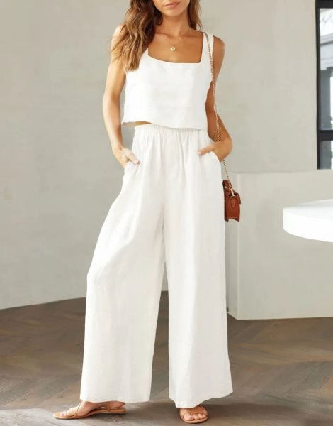 2 Piece Outfits Square Neck Sleeveless Tank Crop Top & Wide Leg Pants Lounge Set