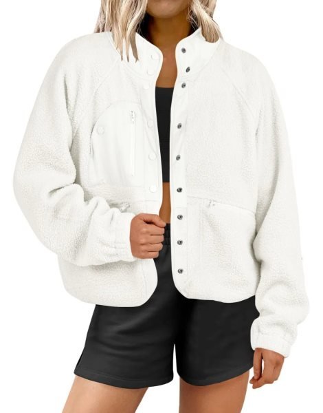 Womens Fleece Jacket Button Down Shacket Casual Sherpa Cropped Coats Warm Outwear with Pockets