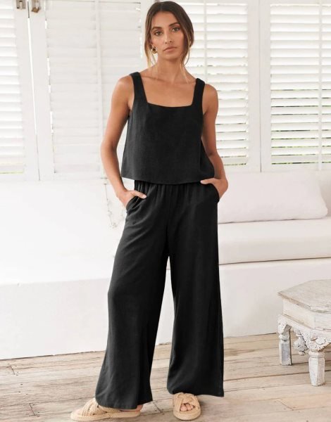 2 Piece Outfits Square Neck Sleeveless Tank Crop Top & Wide Leg Pants Lounge Set