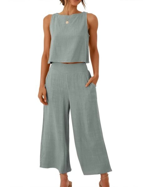 Sleeveless Tank Crop Button Back Top Cropped Pants Set With Pockets