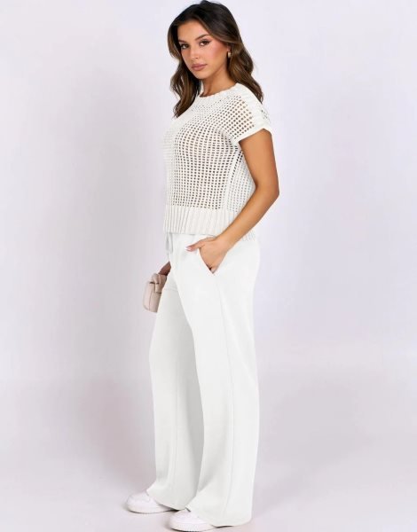 Women Two Piece Outfits Crochet Sheer Knit Sweater Top Wide Leg Pants Lounge Matching Sets Sweatsuit Travel Clothes