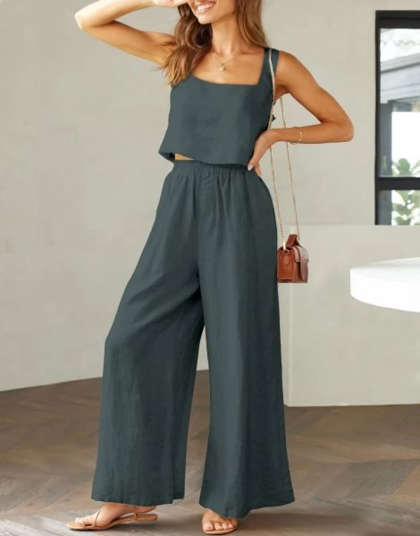 2 Piece Outfits Square Neck Sleeveless Tank Crop Top & Wide Leg Pants Lounge Set