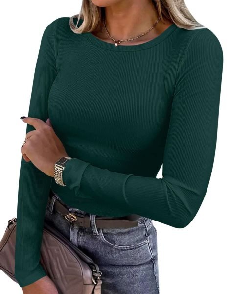 Women Long Sleeve Crewneck Rib Knit Slim Fit Shirts Basic Tee Tops 2024 Casual T-Shirt Going Out Workout Outfits