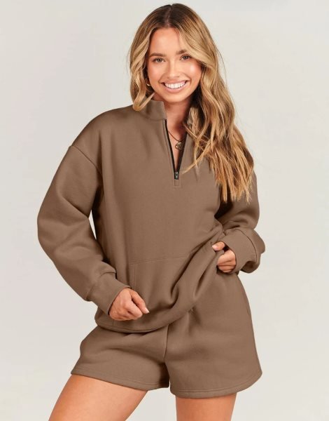 Sweatsuit Oversized Half Zip Collared Sweatshirt & Short Lounge Wear Tacksuit Set