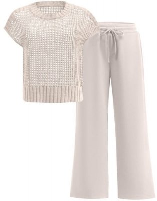 Women Two Piece Outfits Crochet Sheer Knit Sweater Top Wide Leg Pants Lounge Matching Sets Sweatsuit Travel Clothes