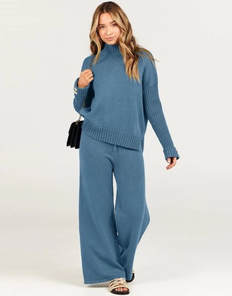 Women's Two Piece Outfits Sweater Sets Long Sleeve Knit Pullover and Wide Leg Pants Lounge Sets