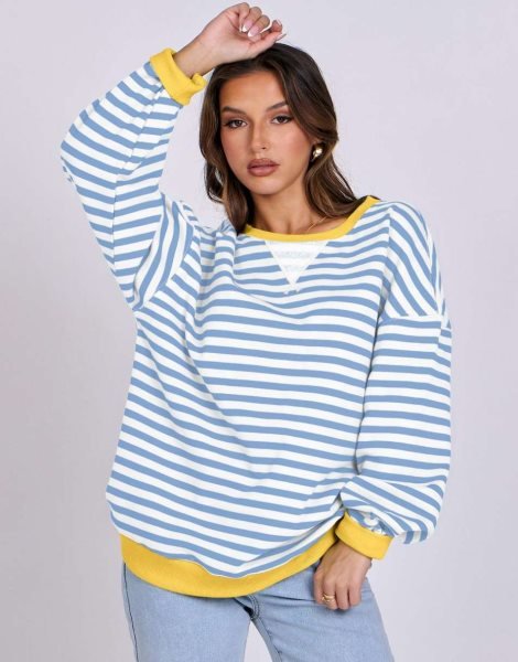 Women Striped Oversized Sweatshirt Long Sleeve Crewneck Shirts 2024 Fall Fashion Pullover Sweater Trendy Clothes