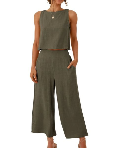 Sleeveless Tank Crop Button Back Top Cropped Pants Set With Pockets