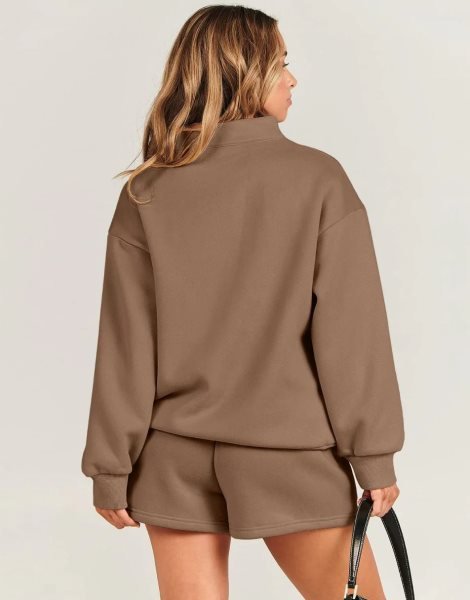Sweatsuit Oversized Half Zip Collared Sweatshirt & Short Lounge Wear Tacksuit Set
