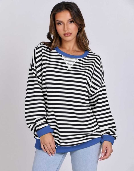 Women Striped Oversized Sweatshirt Long Sleeve Crewneck Shirts 2024 Fall Fashion Pullover Sweater Trendy Clothes