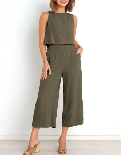 Sleeveless Tank Crop Button Back Top Cropped Pants Set With Pockets