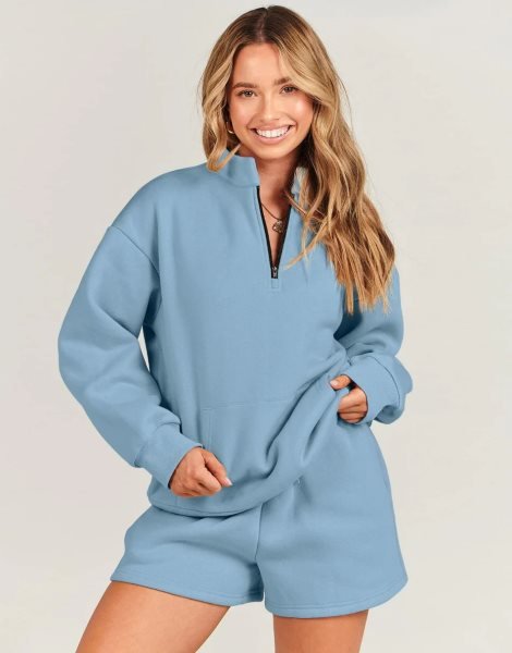 Sweatsuit Oversized Half Zip Collared Sweatshirt & Short Lounge Wear Tacksuit Set