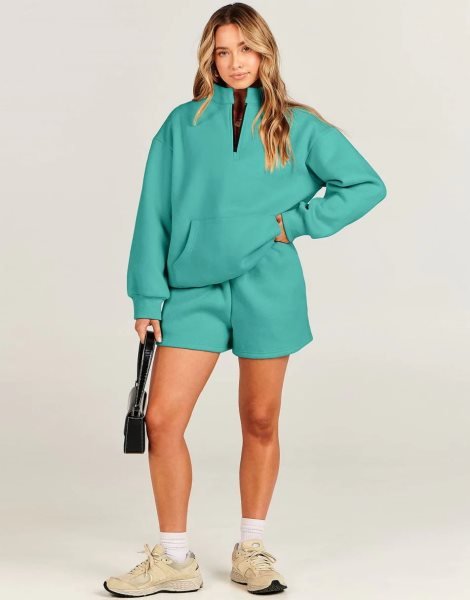 Sweatsuit Oversized Half Zip Collared Sweatshirt & Short Lounge Wear Tacksuit Set