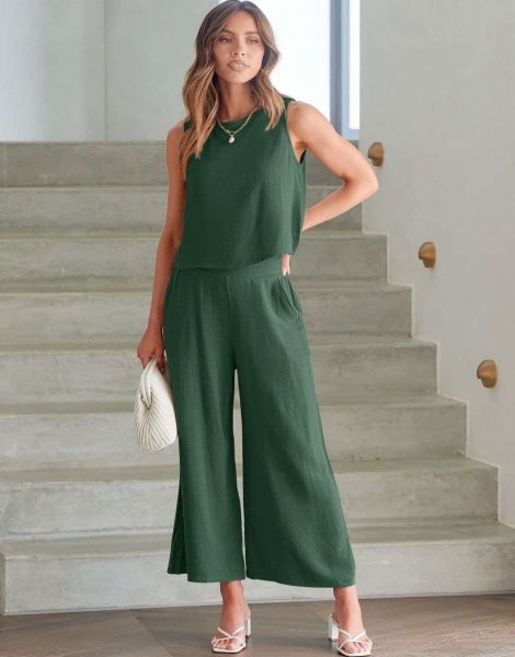 Sleeveless Tank Crop Button Back Top Cropped Pants Set With Pockets