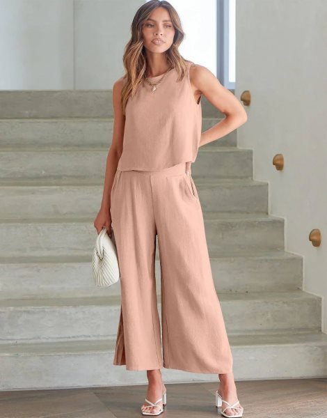 Sleeveless Tank Crop Button Back Top Cropped Pants Set With Pockets