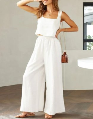 2 Piece Outfits Square Neck Sleeveless Tank Crop Top & Wide Leg Pants Lounge Set