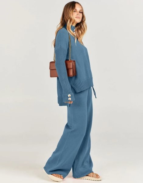 Women's Two Piece Outfits Sweater Sets Long Sleeve Knit Pullover and Wide Leg Pants Lounge Sets