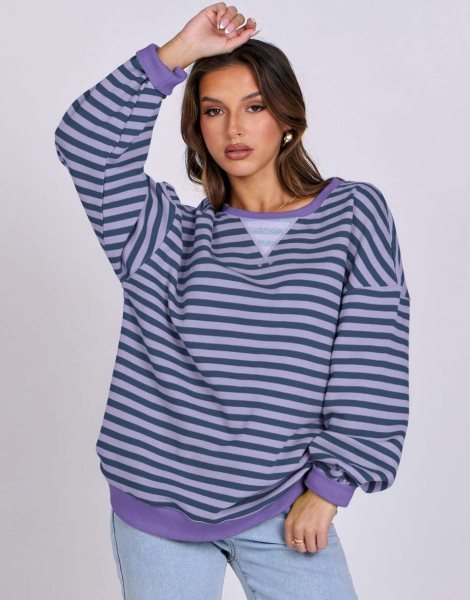 Women Striped Oversized Sweatshirt Long Sleeve Crewneck Shirts 2024 Fall Fashion Pullover Sweater Trendy Clothes