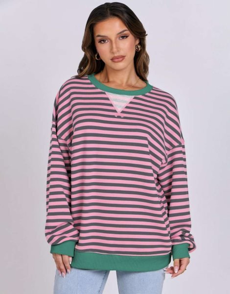 Women Striped Oversized Sweatshirt Long Sleeve Crewneck Shirts 2024 Fall Fashion Pullover Sweater Trendy Clothes