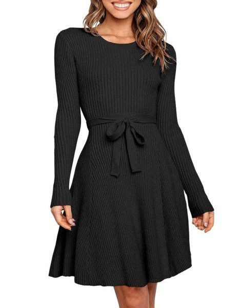 Women's Crewneck Long Sleeve Tie Waist A-Line Swing Bodycon Short Dress Casual Solid Ribbed Knit Sweater Dress
